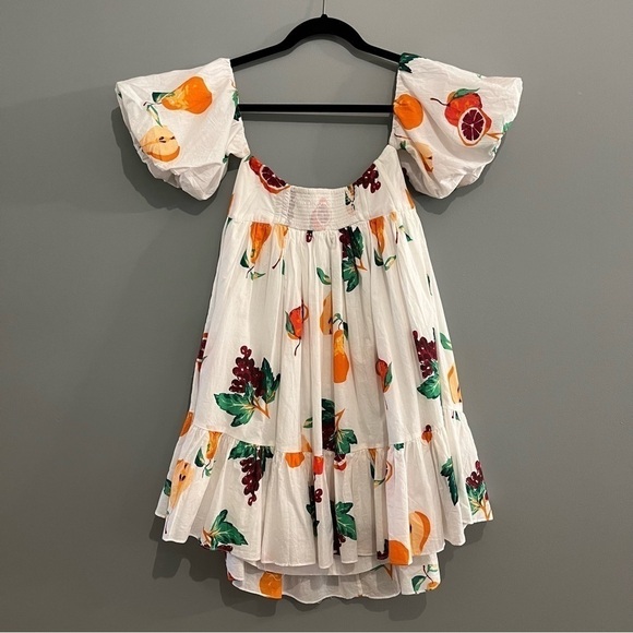 RARE Urban Outfitters White Fruit Off Shoulder Puff Sleeve Babydoll Mini Dress - Picture 11 of 16
